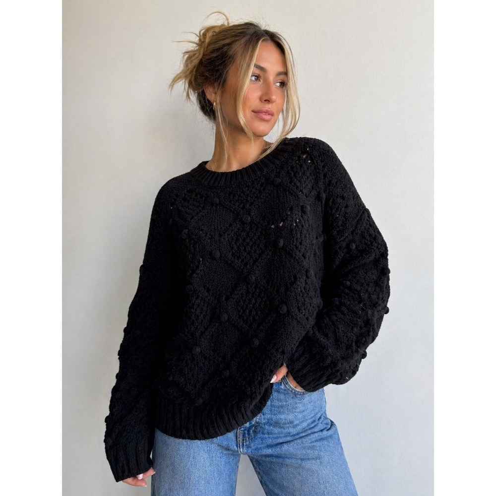 Zara Black Textured Knit Sweater Pom Pom Buttons Chunky Cozy Size S‎